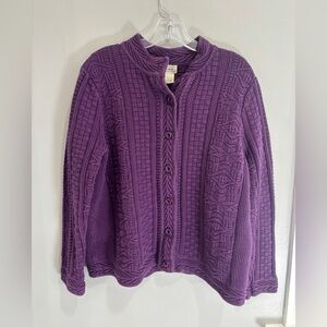 L.L. Bean Purple Cotton Fisherman Cable Knit Cardigan Sweater Size XL Chunky